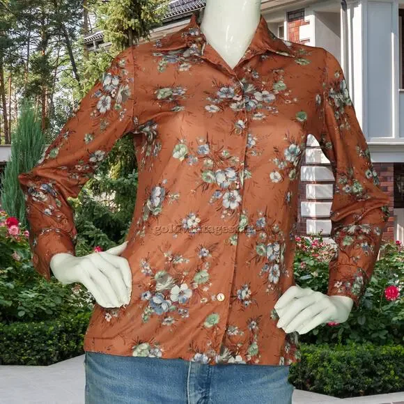 Vintage Rustic Boho Floral Shirt Brown S - Picture 2 of 8
